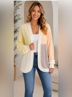 NWT Hem & Thread Colorblock Open Front Cable Knit Cardigan Sweater Small